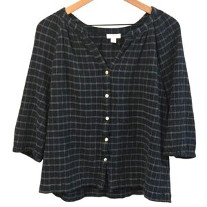 J. Jill Dark Green Windowpane Plaid Split Neck Button Blouse Size XL